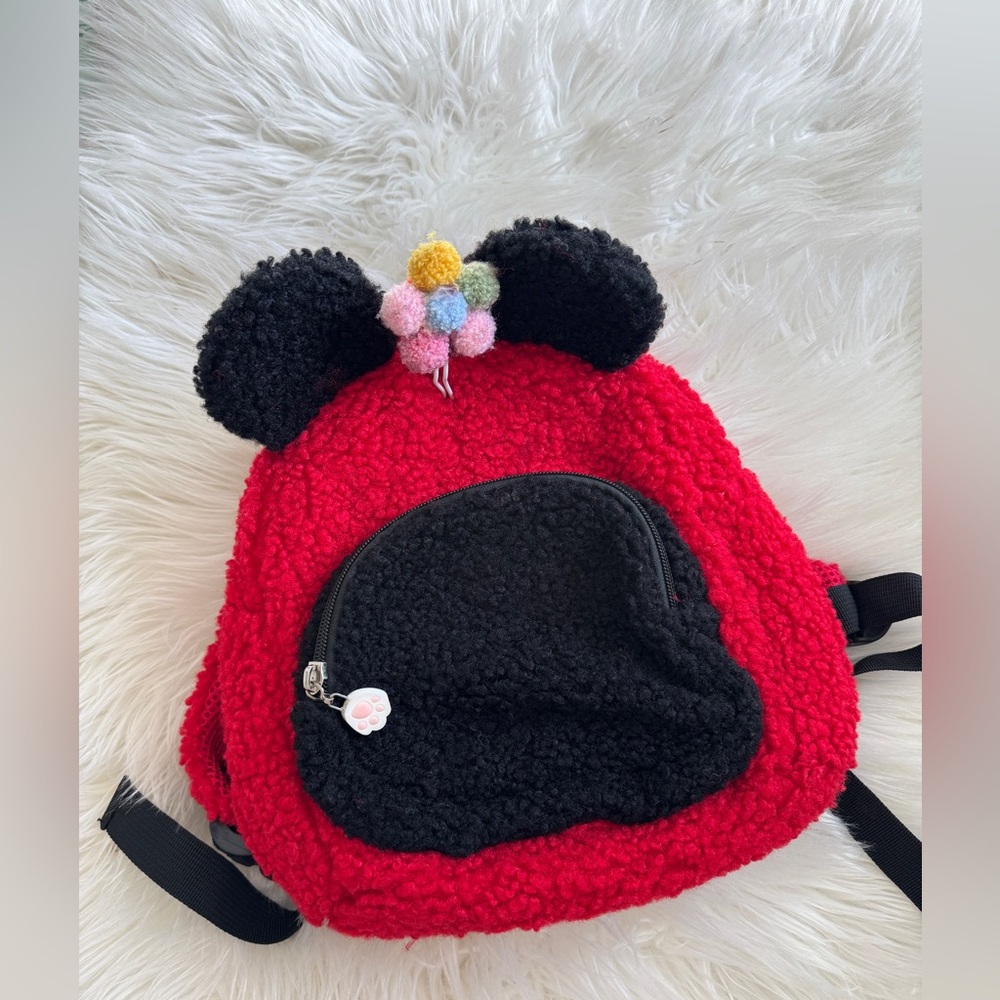 NWOT Mickey mouse Red and Black Kids Backpack with Pom Pom Ears